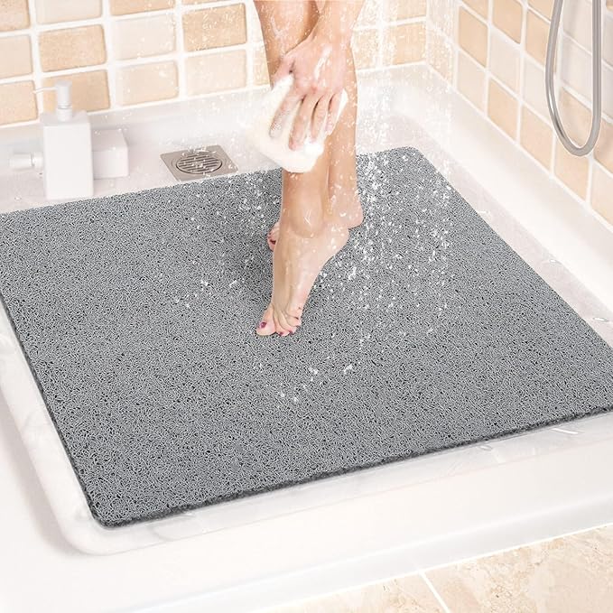 LuxStep Shower Mat Bathtub Mat,24x24 inch, Non-Slip Bath Mat with Drain, Quick Drying PVC Loofah Bathmat for Tub,Shower,Bathroom (Phthalate Free,Grey)