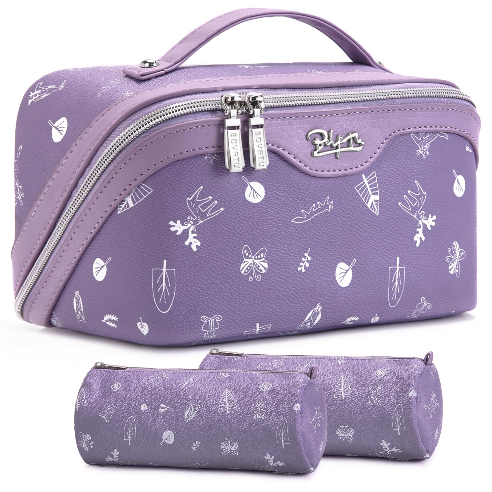 BOYATU Travel Makeup Bag Cosmetic Bags for Women: 3 Pcs Set Portable Make up Bag with Handle - PU Leather Toiletry Bags with Compartments - Makeup Organizer for Travel Essentials(L-3-Purple)