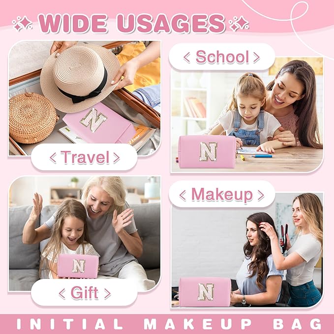 Small Personalized Initial A-Z Patch Makeup Bag,Pink Cute PU Leather Glitter Letter Cosmetic Bag for Teen Girls,Travel Toiletry Bag with Zipper,Preppy Monogrammed Birthday Gift for Daughter Niece N