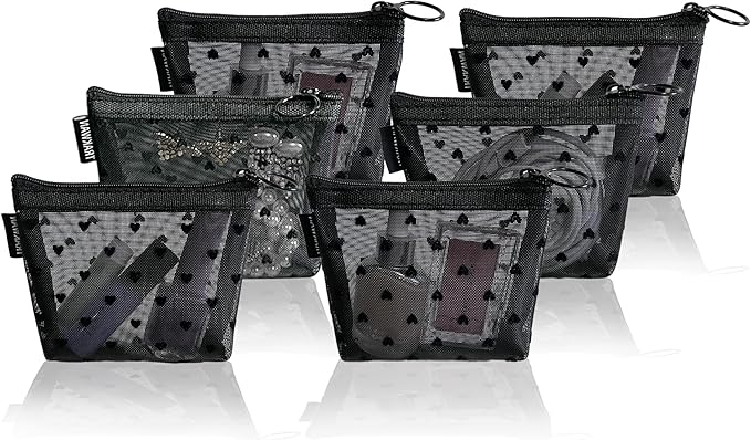 TRAKWAN Mini Mesh Heart Makeup Bag Set, Mesh Cosmetic Bags with Zipper, Makeup Lipstick Cosmetic Accessories Organizer Bag, Mesh Pouch for Travel (Black-6pcs)
