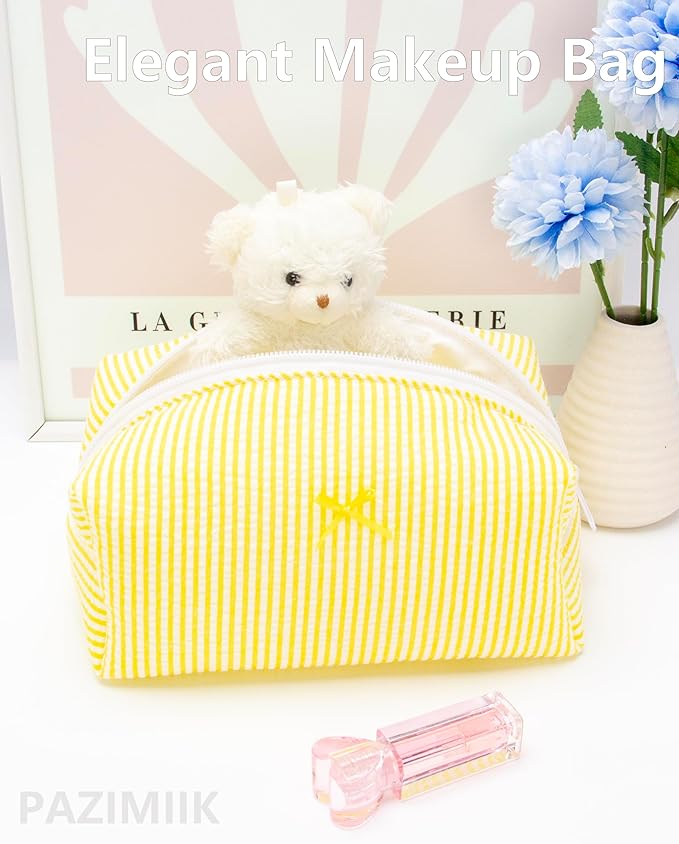 Cozy Makeup Bag for Women,Zipper Cosmetic Pouch,Stripe Yellow,6 Pack