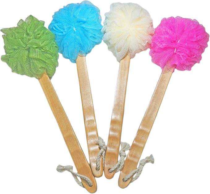 4 Pack Shower Loofah Body & Back Scrubber - Exfoliating Loofah luffa loofa Bath Brush On a Stick - with Long Wooden Handle Back Brush for Men & Women - Easy Reach Body Wash & Lotion Applicator