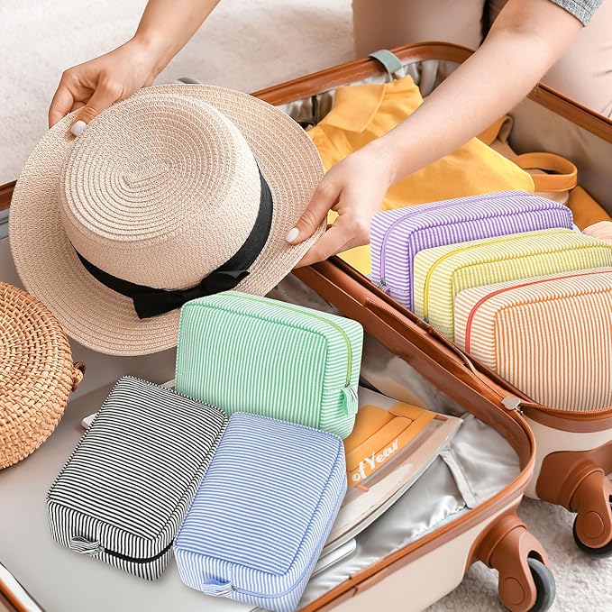 Sanwuta 9 Seersucker Cosmetic Bag Bulk Striped Makeup Bag for Women Aesthetic Cute Travel Toiletry Organizer Preppy Storage Pouch for Wedding Bridesmaid Mother's Day Teacher Gift (Large,Candy Color)