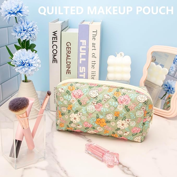 PAZIMIIK Small Quilted Makeup Bag,Zipper Cosmetic Pouch,Green Floral