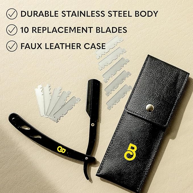The Beard Club Straight Razor for Men - Navajas Para Barbero - Barber Straight Edge Razor Kit - Premium Single Derby Blade Cutthroat With 5 Replaceable Stainless Steel Blades & Leather Case