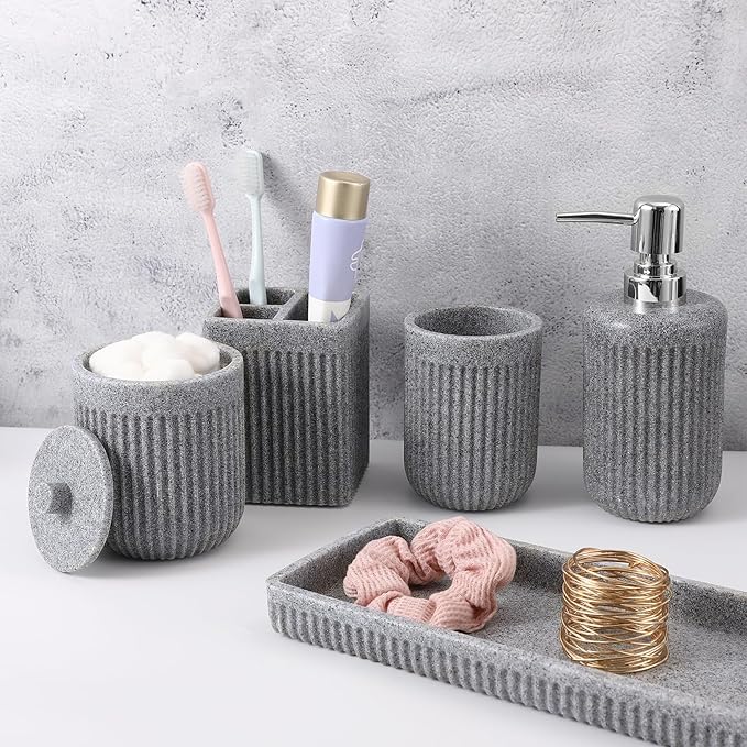 XLHOMO Black Resin Bathroom Accessories Set 5 Pcs, Bathroom Accessory Set Includes Foaming Soap Dispenser, Lotion Soap Dispenser, Toothbrush Holder, Qtip Holder, Soap Dish, for Modern Home Apartment