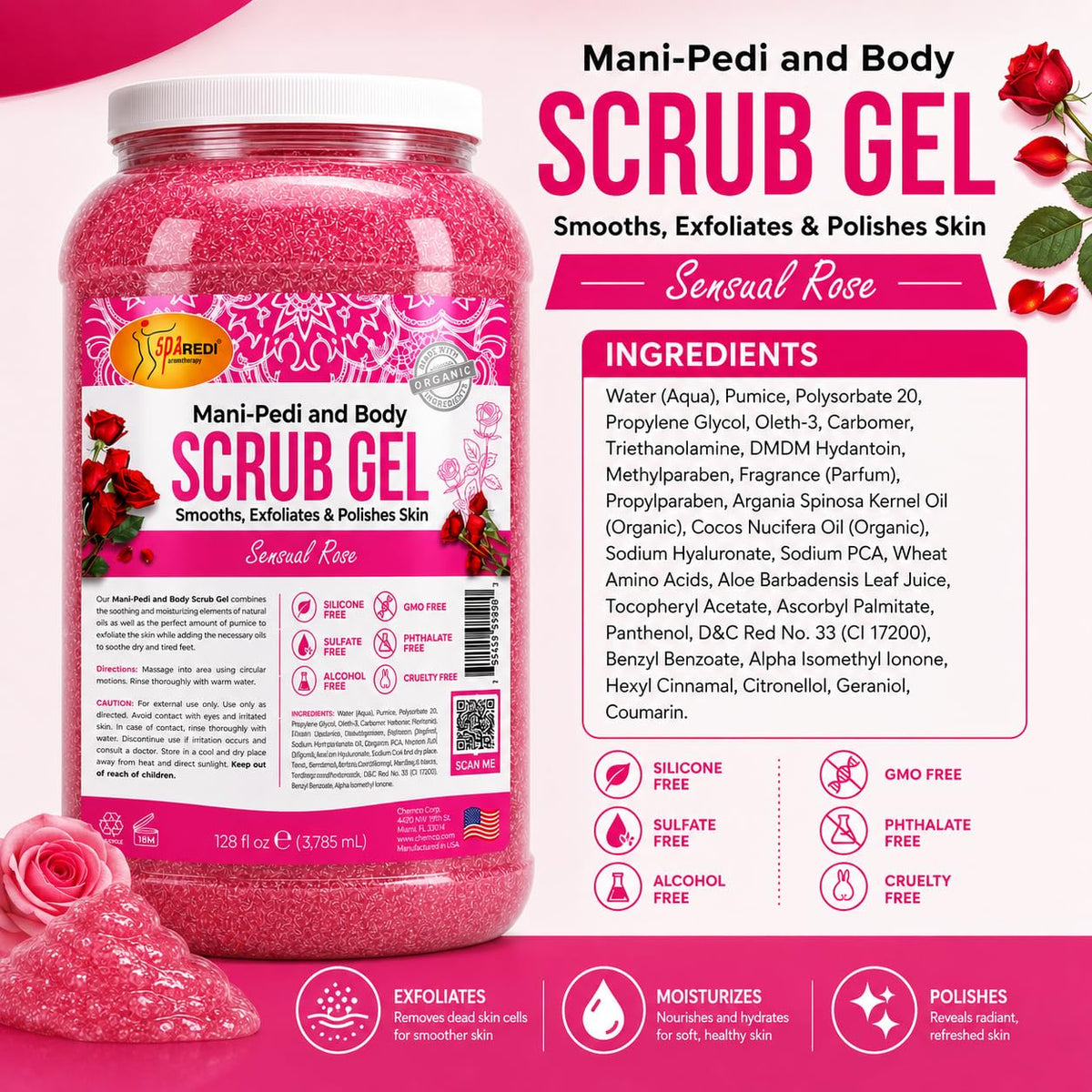 SPA REDI Professional Pedicure Pumice Scrub Gel, Smoothing, 128 oz