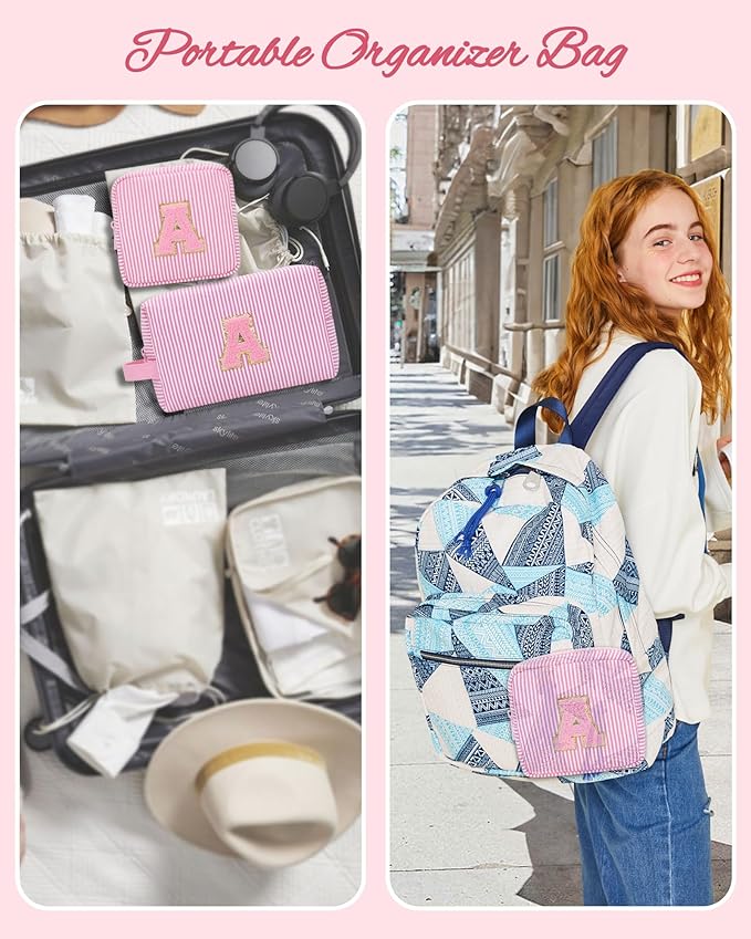 MONSTINA Personalized Initial Makeup Bag| Toiletry Bag for Girls&Women,Make Up Case for Girlfriend Bridesmaid Wife,Birthday Gift for Her Cute,2PCS,Pink C