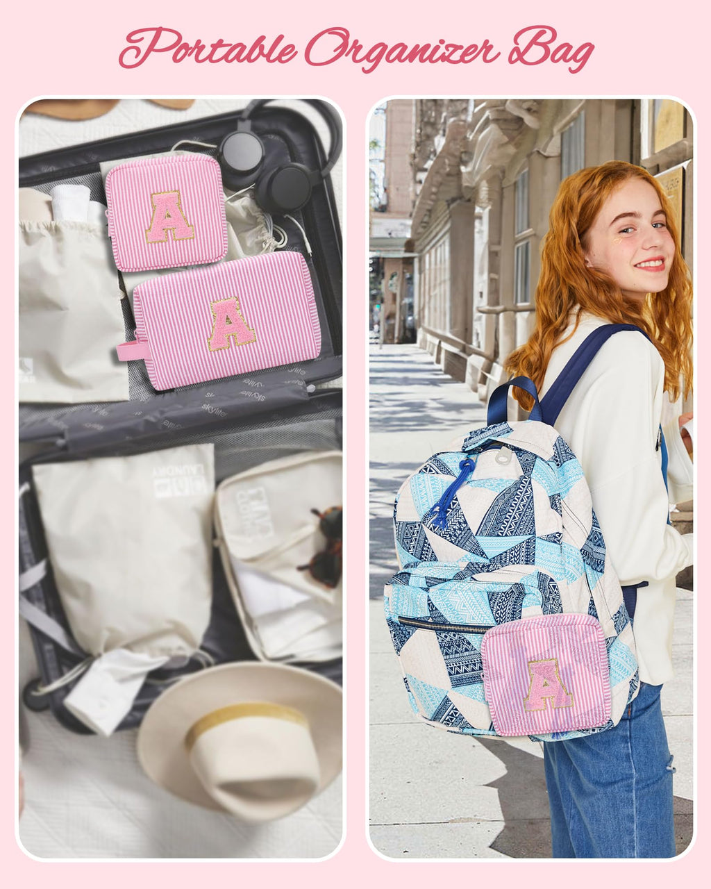 MONSTINA Initial Period Bag Sanitary Napkin Storage Bag Tampon Pouch Portable Feminine Care First Period Kit for Teen Girls Women Gift for Her Cute Toiletry Bag,2PCS,Pink O
