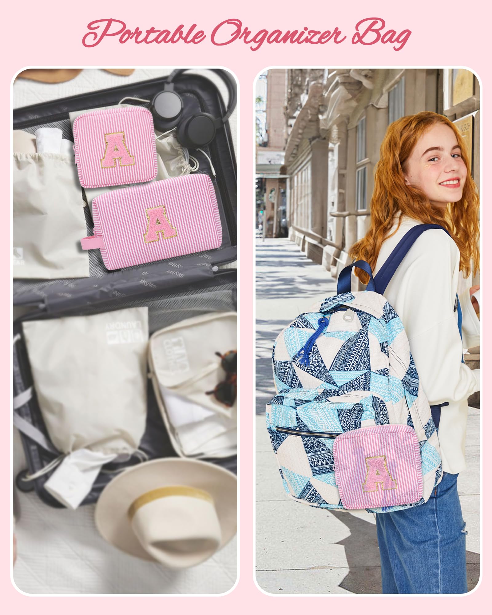 MONSTINA Initial Period Bag Sanitary Napkin Storage Bag Tampon Pouch Portable Feminine Care First Period Kit for Teen Girls Women Gift for Her Cute Toiletry Bag,2PCS,Pink O