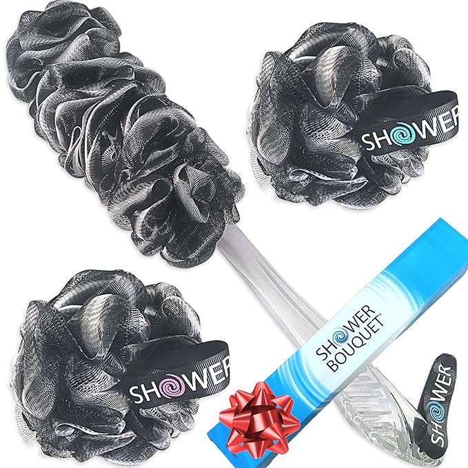 SHOWER BOUQUET Charcoal Back-Loofah-with-Handle & 2 Bath Sponge Puff Set