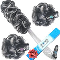 SHOWER BOUQUET Charcoal Back-Loofah-with-Handle & 2 Bath Sponge Puff Set