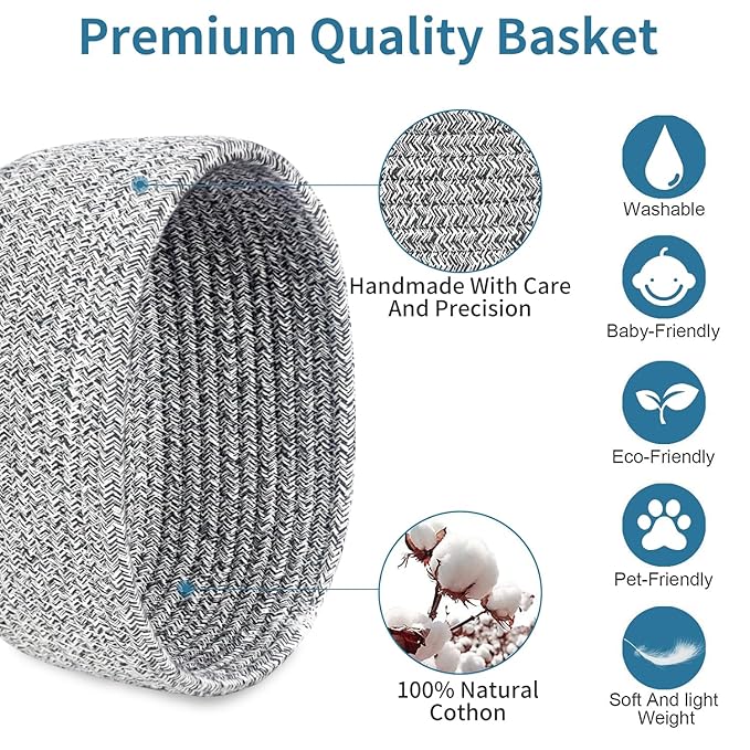 【2 Pack】ABenkle Small Woven Baskets, Tiny Oval Shallow Storage Baskets, Mini Cotton Rope Empty Decorative Basket, Boho Little Organizer Bins for Bathroom, Cat Dog Toy Gifts Baskets
