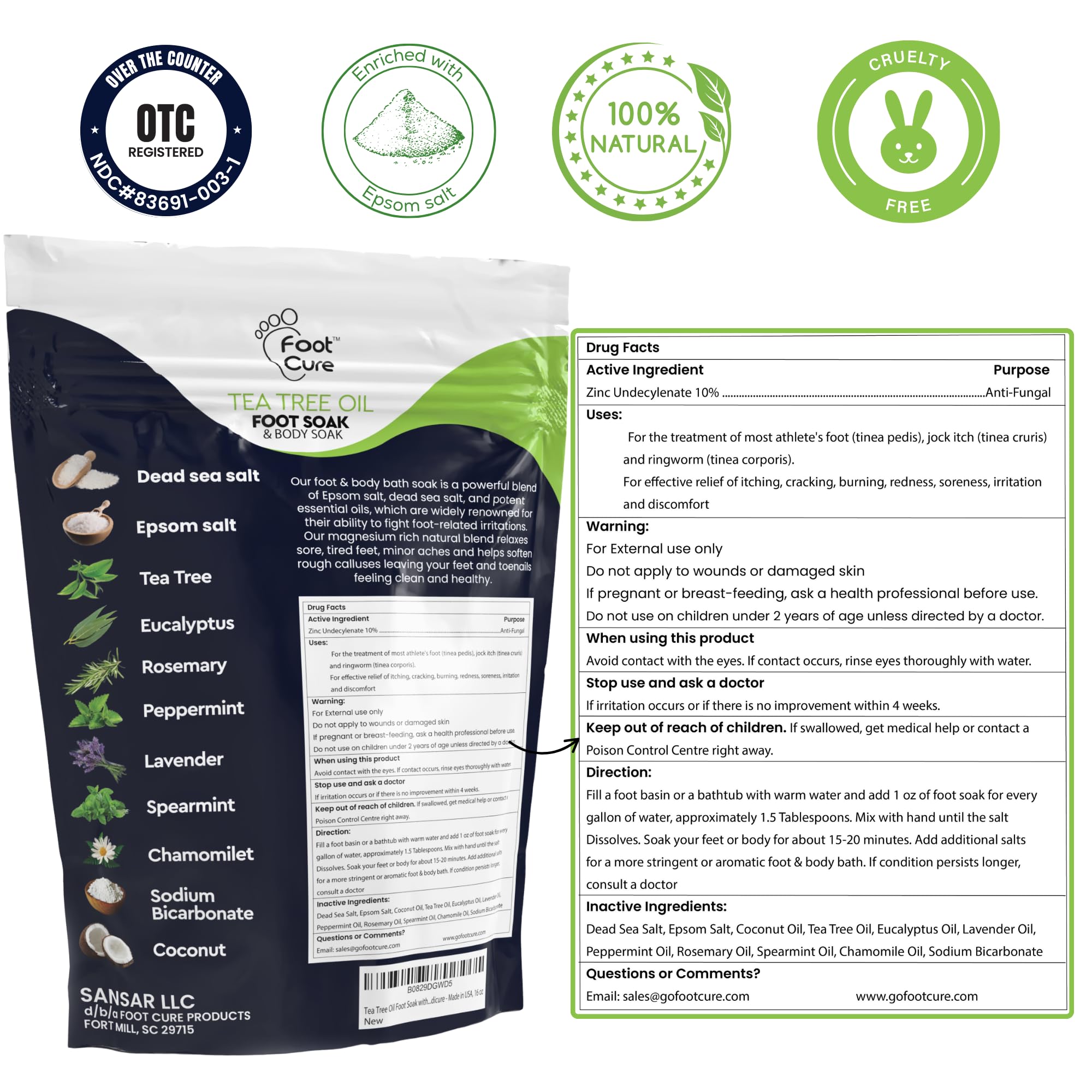 FOOT CURE Tea Tree Oil Foot Soak with Epsom Salt - Best Toenail Fungus Treatment, Athletes Foot & Softens Calluses - Soothes Sore & Tired Feet, Fungal Toe, Foot Odor Scent, Spa Pedicure (Pack of 2)
