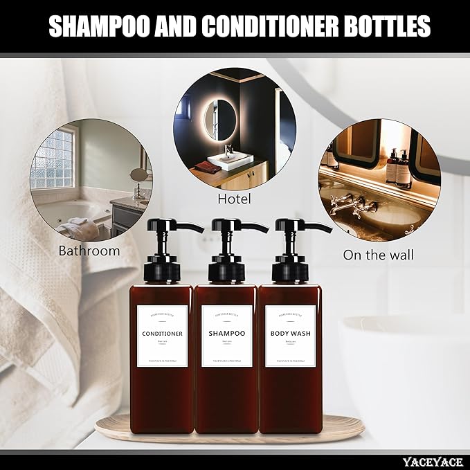Shower Bottles with Pump, YACEYACE 16.9oz Set of 3 Amber Shampoo Dispenser Bottles, Refillable Shampoo Dispenser for Bathroom, Kitchen
