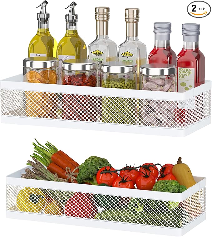 PUSDON Mesh Shower Caddy Wall Mount, Heavy Duty Adhesive Bathroom Shelf Organizer, Rustproof Floating Spice Rack for Kitchen Pantry, Holds 50 LBS, Multi-Purpose Storage White-2 Packs (Netting)
