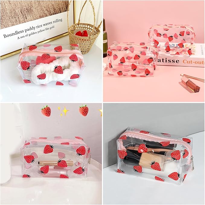 CarryEpic Clear Makeup Bag, Small Clear Toiletry Bag for Travel, Cosmetic Makeup Organizer Bags with Zipper, Plastic PVC Pouch Transparent Zip for Purse Reusable TSA Approved Quart Size (Strawberry)