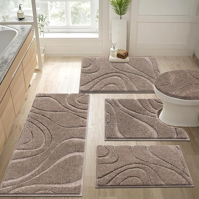 HEBE Bathroom Rugs Sets 5 Piece, Soft Absorbent Microfiber Bath Mat for Bathroom, Non Slip Washable Bath Rug Set with Toilet Cover, Bath Runner and U-Shaped Contour Toilet Rug, Coffee