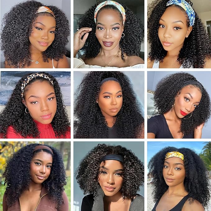 Aiterina Kinky Curly Human Hair Headband Wig for Black Women Curly None Lace Front Wigs Human Hair Non Lace Front Wig 150% Density Virgin Human Hair Wig Natural Color (Headband Wig, 22inch)