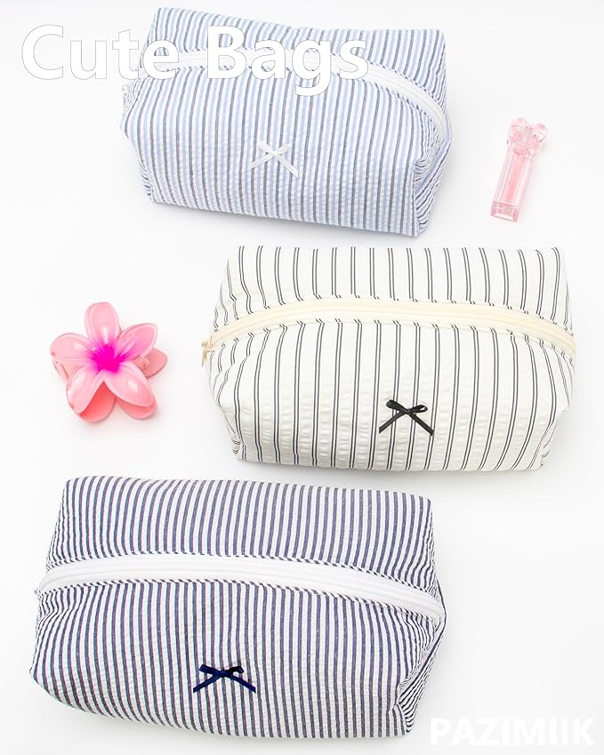 PAZIMIIK Cozy Makeup Bag for Women,Zipper Cosmetic Pouch,Stripe Blue Mix