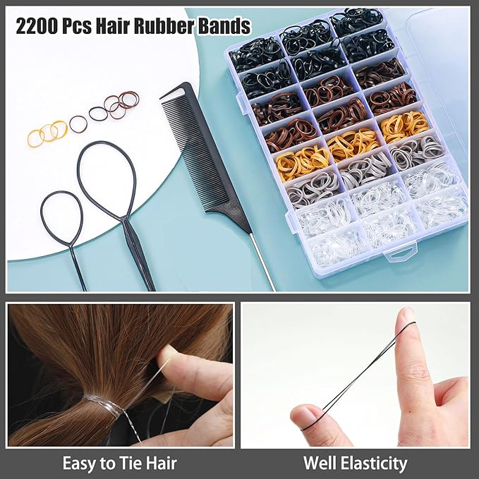 Auroray 2200 Pcs Elastic Hair Ties, 6 Natural Colors Mini Rubber Bands with Hair Tail Tools and Comb, Hair Accessories for Women, Girls, Toddlers, Babies