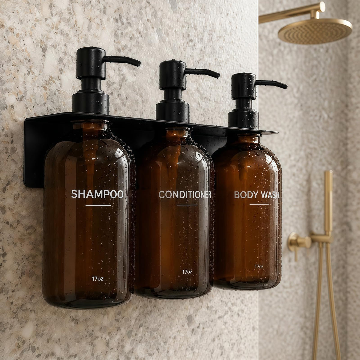 Shampoo Conditioner Body Wash Dispenser Bonus Soap Dish and Hook, Amber