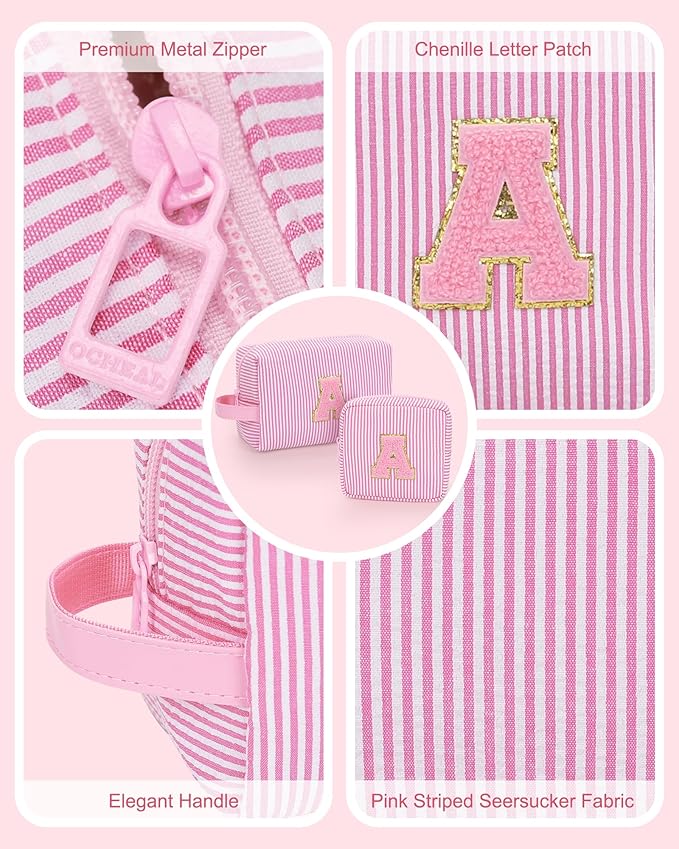 MONSTINA Personalized Initial Makeup Bag| Toiletry Bag for Girls&Women,Make Up Case for Girlfriend Bridesmaid Wife,Birthday Gift for Her Cute,2PCS,Pink C
