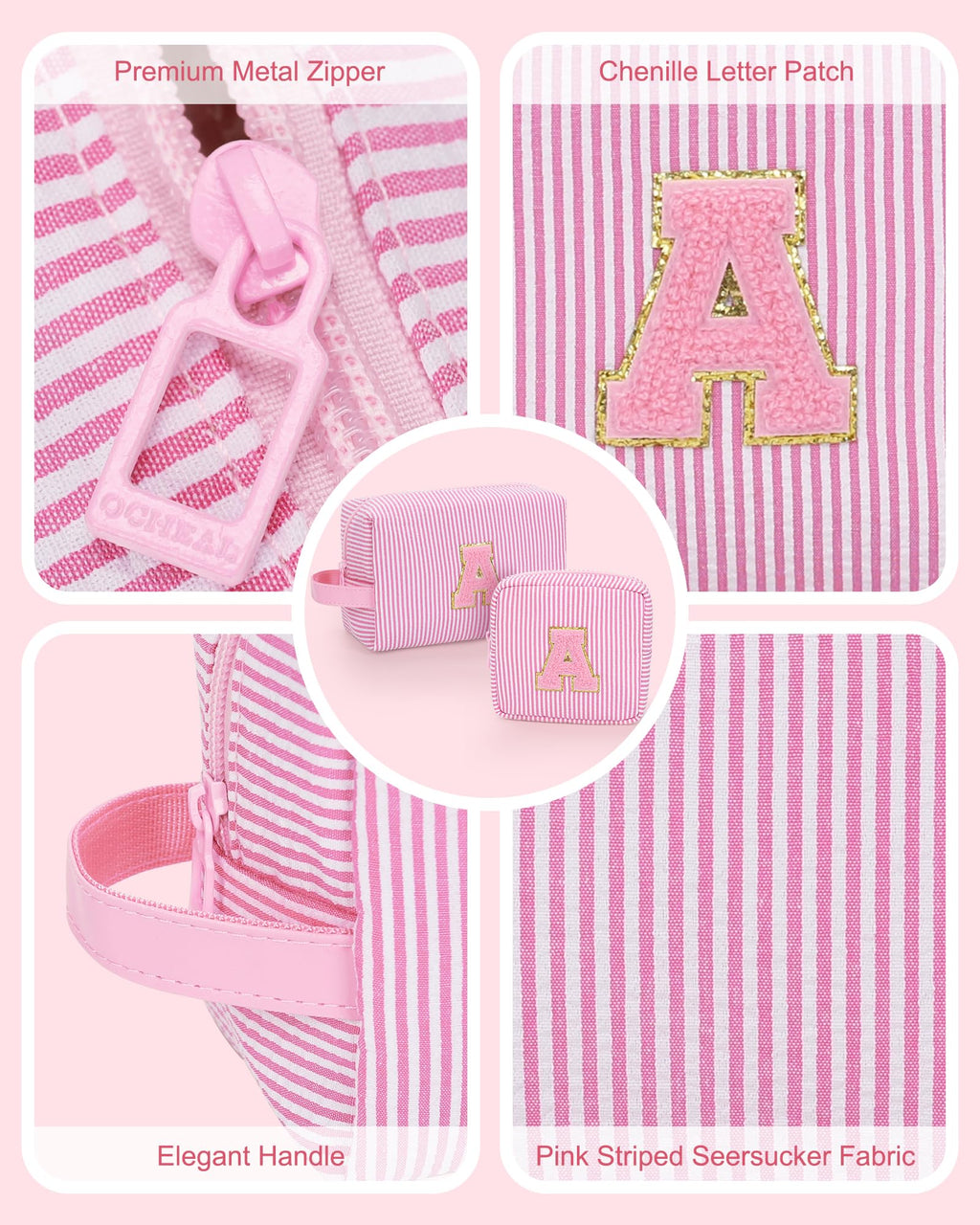 MONSTINA Personalized Initial Makeup Bag| Toiletry Bag for Girls&Women,Make Up Case for Girlfriend Bridesmaid Wife,Birthday Gift for Her Cute,2PCS,Pink C
