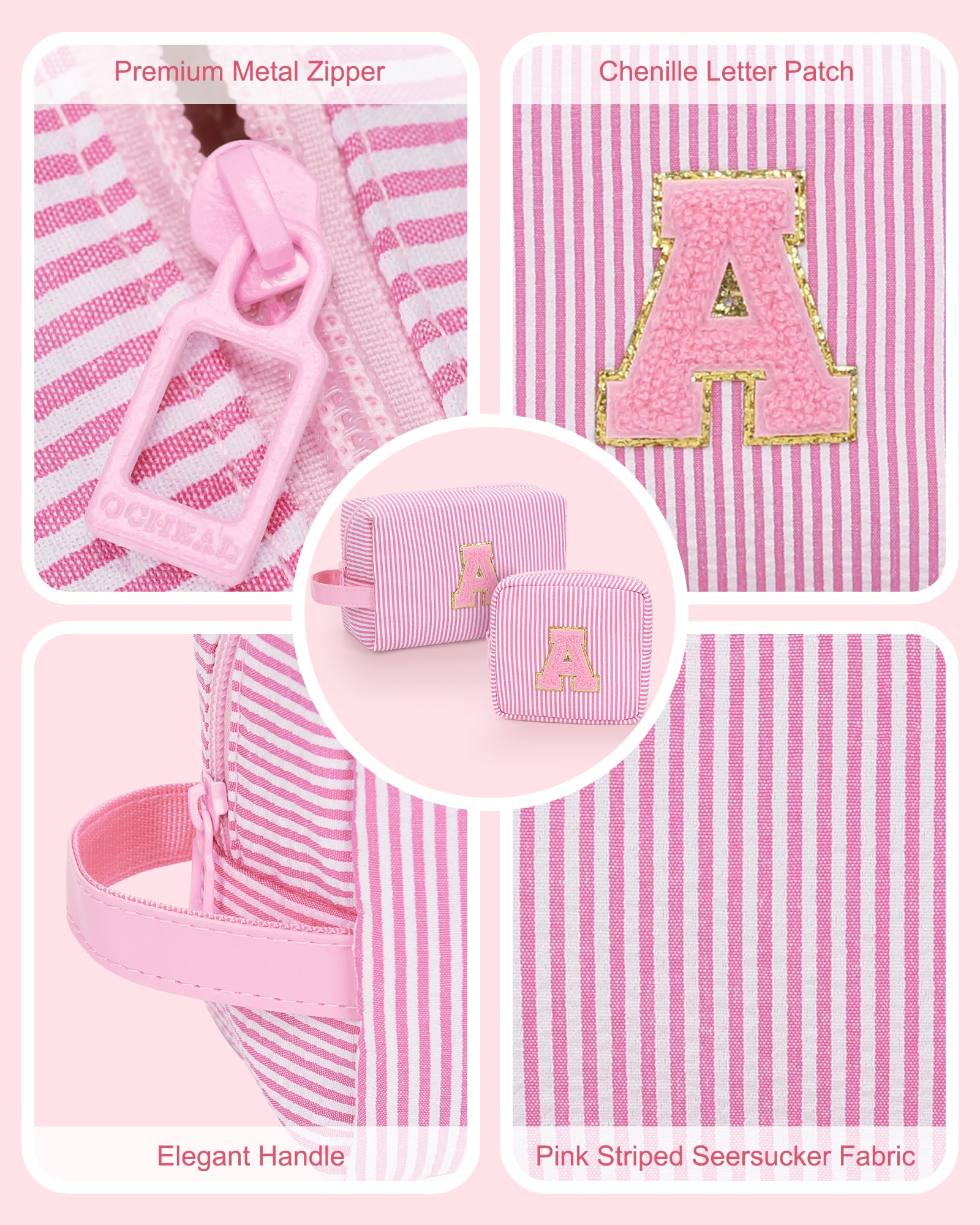 MONSTINA Personalized Initial Makeup Bag| Toiletry Bag for Girls&Women,Make Up Case for Girlfriend Bridesmaid Wife,Birthday Gift for Her Cute,2PCS,Pink C