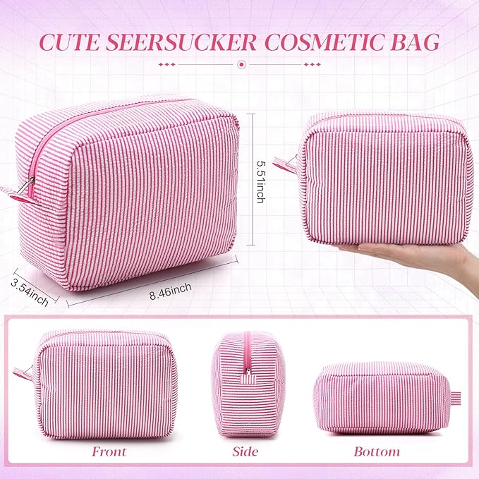 Sanwuta 9 Seersucker Cosmetic Bag Bulk Striped Makeup Bag for Women Aesthetic Cute Travel Toiletry Organizer Preppy Storage Pouch for Wedding Bridesmaid Mother's Day Teacher Gift (Large,Pink)