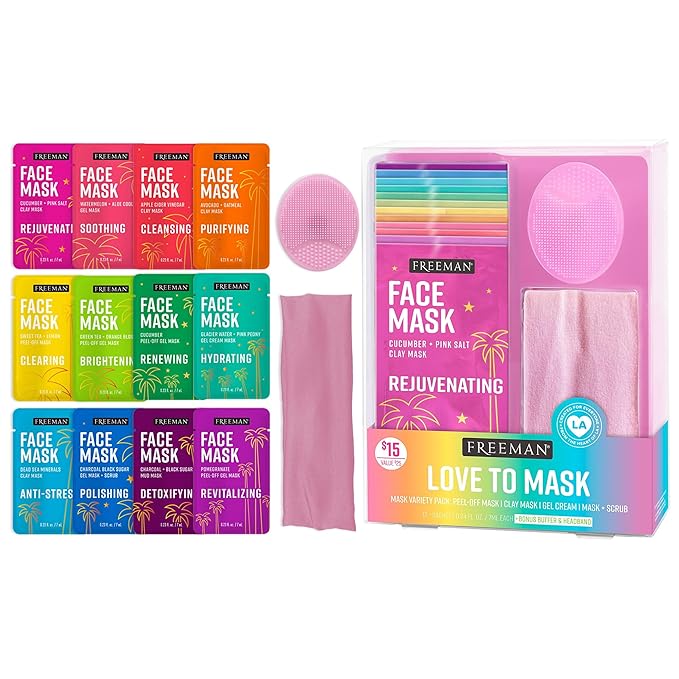Freeman 14 Piece Love To Mask Variety Pack, Facial Masks For All Skin Types, Hydrate, Detoxify, & Clear Skin, Exfoliating Scrub, Bonus Headband and Skin Buffer, Face Masks Are Cruelty-Free & Vegan