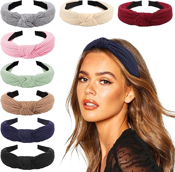 DRESHOW 8 Pack Knotted Headbands for Women Wide Turban Headband Yoga Exercise Ribbing Hair Hoop Hair Bands Accessories