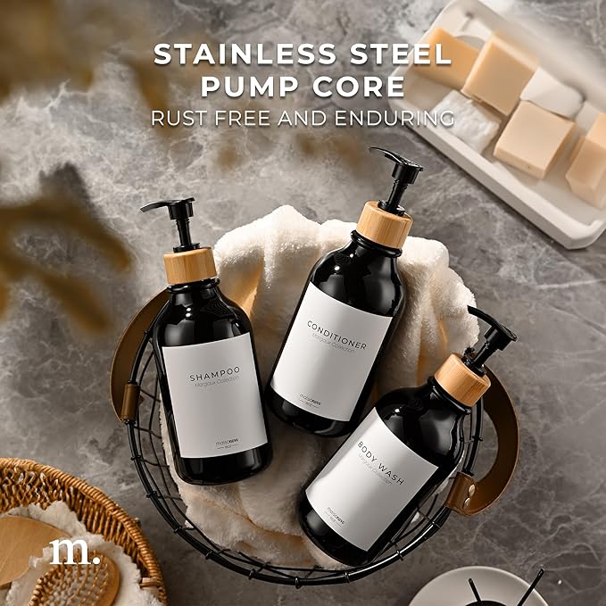 Shampoo and Conditioner Bottles Set of 3 Black Bamboo – Shower Shampoo Dispenser – Hotel Style Bathroom Upgrade by MaisoNovo