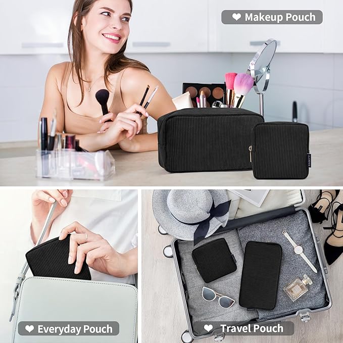MAGEFY Makeup Bag 2 Pcs Corduroy Cosmetic Bag Mini Big Makeup Bags for Women Travel Pouch with Slip-in Pockets(Black)