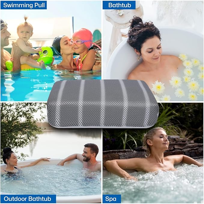 Hot Tub Cushion Pillow for Indoor or Outdoor Use, 16 x 12 x 4.3 Inche Weighted Spa Pillow with Washable 4D Mesh Cover & Non-Slip Micro Dot Bottom, Hot Tub Accessories for Adults,Quick Dry, Grey