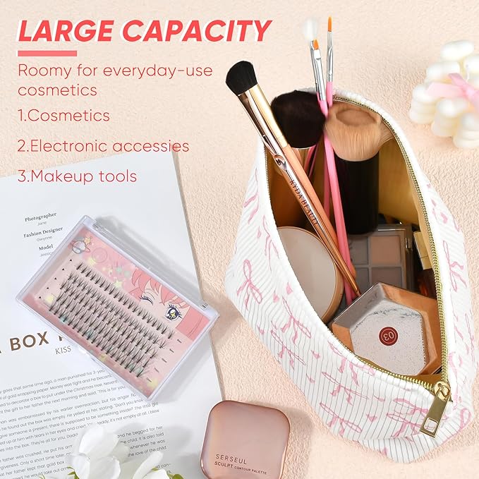 Ksriylm Cute Makeup Pouch for Women Bows Hearts Small Make Up Bag for Purse Zipper Initial Cosmetic Bags Pouches for Purse Aesthetic Travel Toiletrybags,Pink Bow Heart