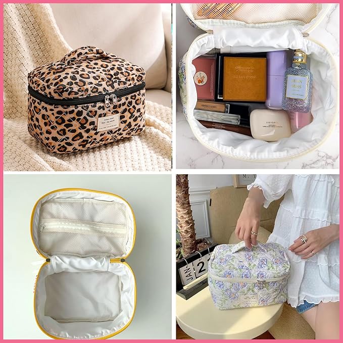 uekeboag Large Travel Quilted Makeup Bag for Women, Floral Cotton Cosmetic Bag, Coquette Aesthetic Floral Toiletry Organizer Bag(Leopard