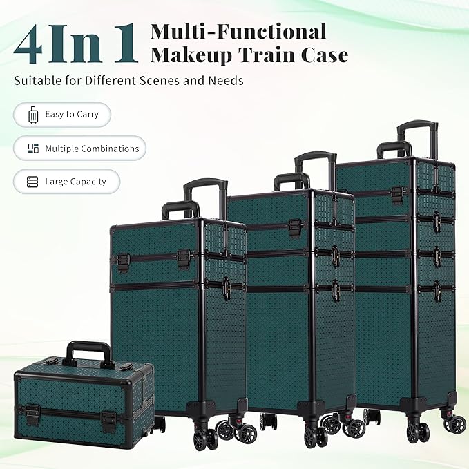 AROUS Rolling Train Makeup Case Cosmetology Case on Wheels, Green