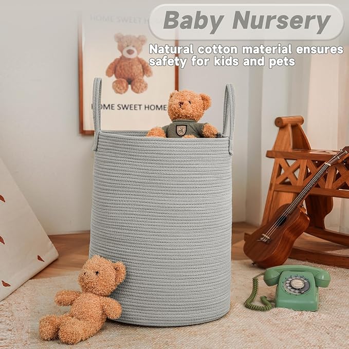 JMvicyroam Large Woven Laundry Basket Hamper,100L Cotton Rope Storage Bin for Blankets,Toys and Clothes,Decorative Tall Nursery Hamper for Living Room,Baby Nursery,Bathroom and Bedroom,Grey