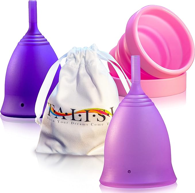 Talisi Reusable Menstrual Cups - Set of 2 Period Cups for Women with Collapsible Sterilization Menstruation Cup for Beginners - Feminine Hygiene Alternative to Tampon and Pad - Regular and Heavy Flow