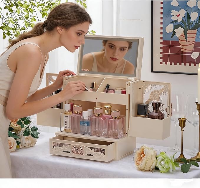 Makeup Box Organizer with LED Mirror Vintage Cosmetic Storage Cabine White