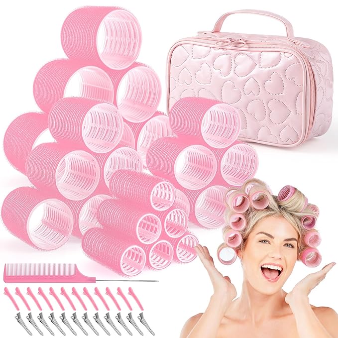 Obeoby 4 Sizes Hair Rollers with Gift Makeup Bag, Pink Rollers Hair Curlers for Long, Short Hair and Bangs Women Girls, Birthday Mothers Day Gifts