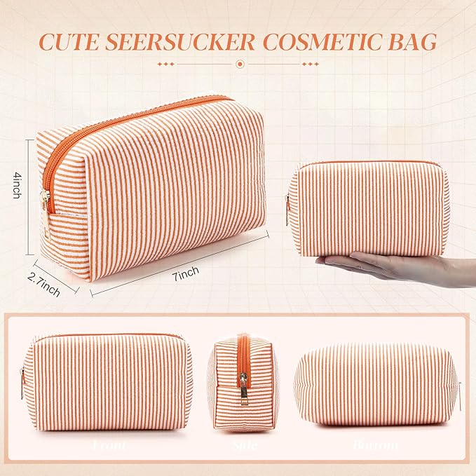 Sanwuta 12 Pcs Seersucker Cosmetic Bags Bulk Seersucker Makeup Bags Stripe Women Pouch Large Preppy Storage Pouch Toiletry Travel for Wedding Bridesmaid Bride Favor Back to Teacher Gift (Neutral)