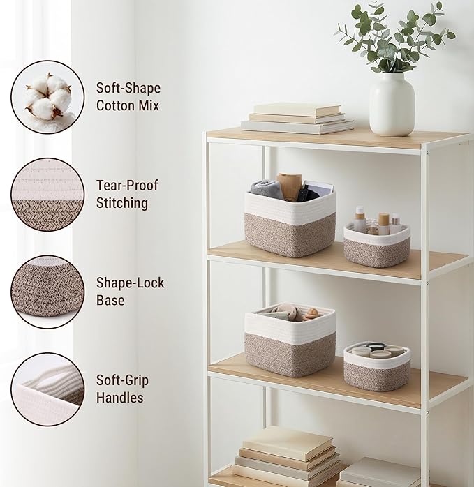 5-Pack Storage Cubes Woven Rope Baskets - 2 Sizes Organizer Bins for Closet, Shelf, Bookshelf, Nursery, Changing Table, Cube Storage Bins, Storage Baskets for Bathroom Toy & Home
