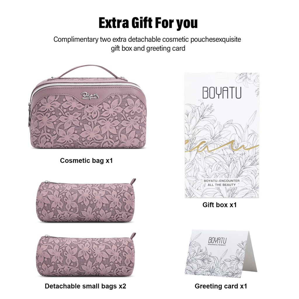 BOYATU Travel Makeup Bag Cosmetic Bags for Women: Large Capacity 3 Pcs Set Make up Bag with Compartments - Waterproof Vegan Leather Toiletry Organizer Bags with Handle (Z-64Purple)