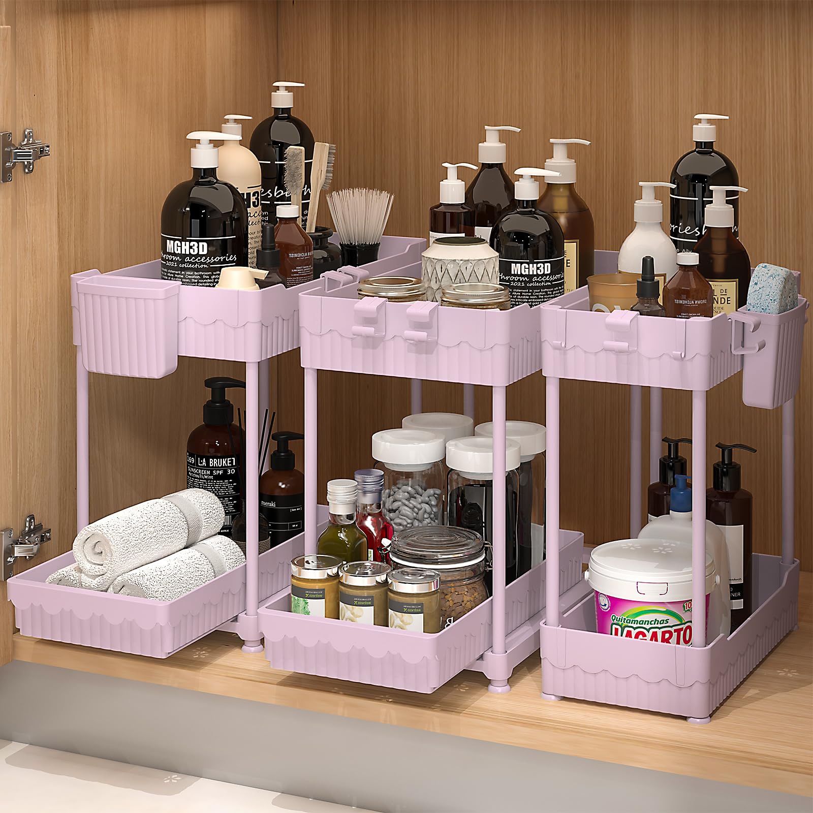Sevenblue 3 Pack Under Sink Organizers, 2-Tier Multi-Use Kitchen and Bathroom Organizers and Storage with Sliding Drawers, Bathroom Cabinet Organizer (Pink, 14.8 Inch)