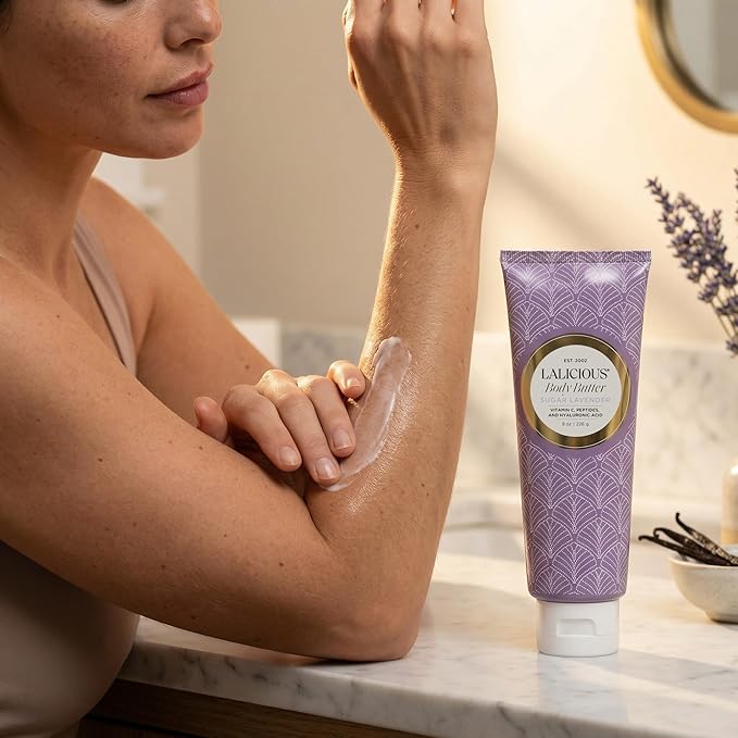 LALICIOUS Sugar Lavender Whipped Body Butter 8oz | Ultra-Hydrating Shea Butter Body Cream with Hyaluronic Acid, Vitamin C & Peptides | Deep Moisturizing Lotion for Dry Skin | Calming Lavender Scent