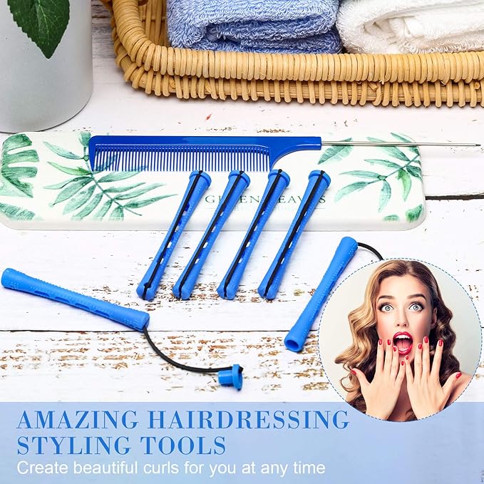 Chuangdi 24 Pcs Hair Perm Rods Plastic Cold Wave Perming Curlers Hair Rollers with Steel Pintail Comb Rat Tail Comb Tools for Hairdressing Styling(Blue,0.35 Inches)