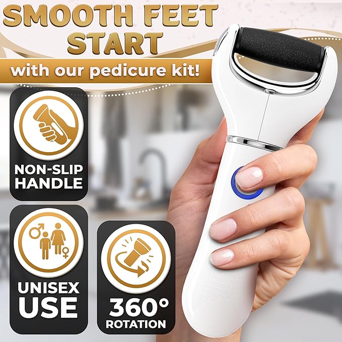 Electric Foot File Callus Remover – 3-Speed Foot Scrubber Electric (1800/2200/2800 RPM), Dry Skin Remover for Feet – 2 Replacement Rollers 80 & 60 Grit, 360° Precision Control & Easy-to-Clean Design