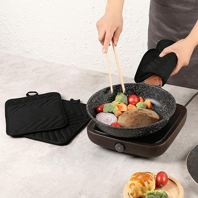 VEIKERY Oven Pot Holder with Pocket Cotton Heat Resistant Coaster Potholder Kitchen Hot Pad Oven Mitts for Cooking Square 7"x9"Set of 5 (Black)